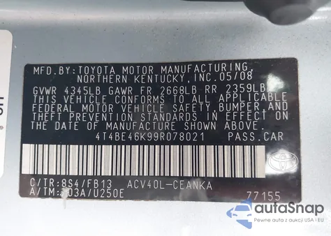 2009 Toyota Camry Le z USA, uszkodzony, nr VIN 4T4BE46K99R078021